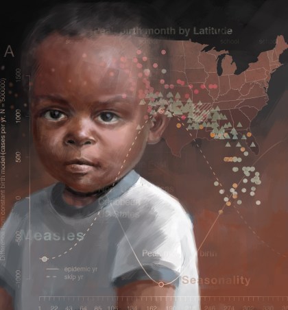 Seasonal changes in birth rates occur across the globe, this seasonal varition can interact with the transmission of measles to shape disease epidemics (Art by John Megahan). 